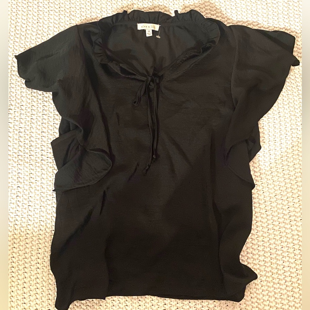 Black knot tie neck flutter sleeve top